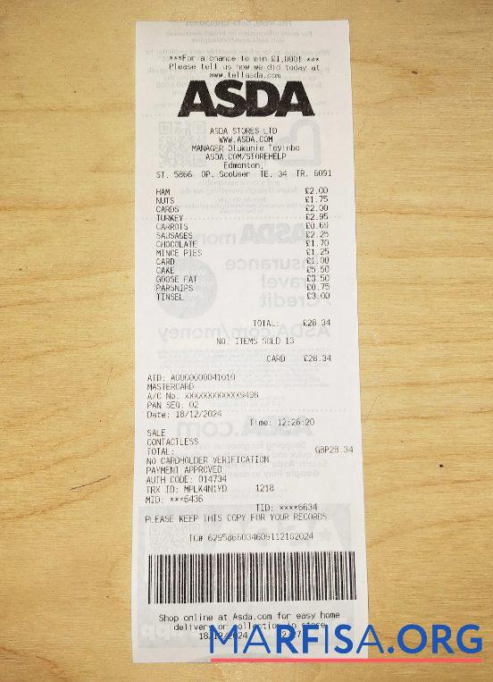 Downloadable Asda store payment receipt template